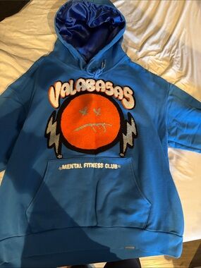 Blue Graphic Hoodie with Orange Emblem - Men